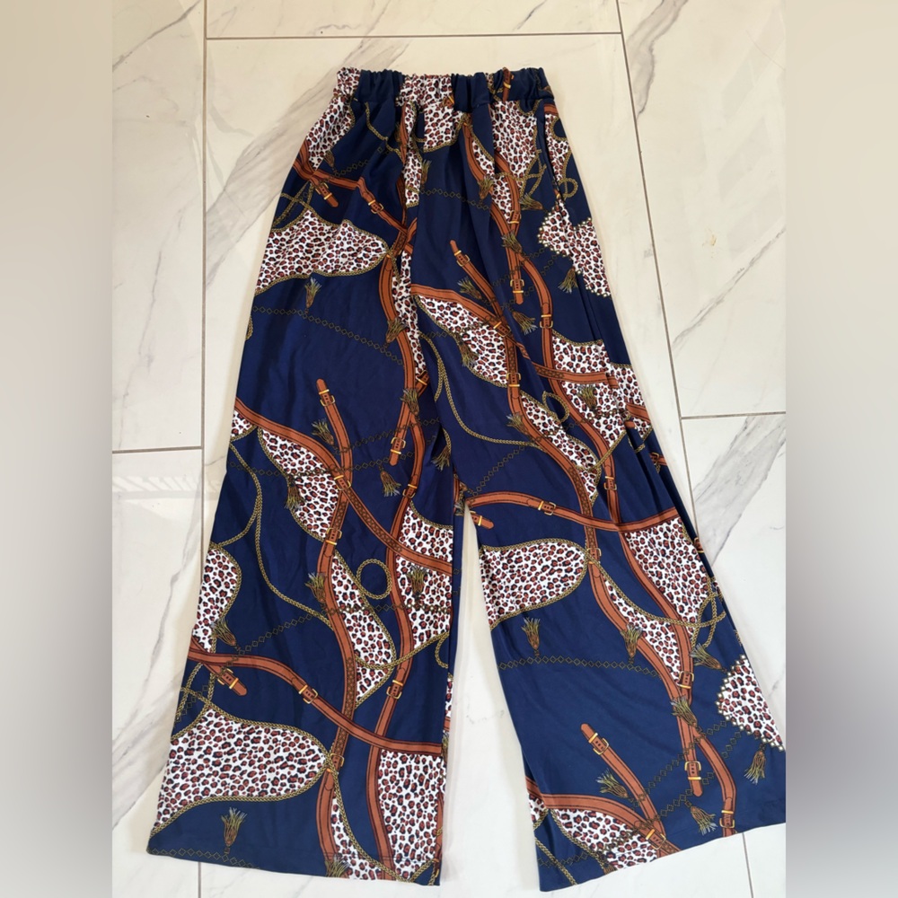 Robert Louis Navy Wide-Leg Printed Jumpsuit Pants with Brown & White Motif - Picture 5 of 8